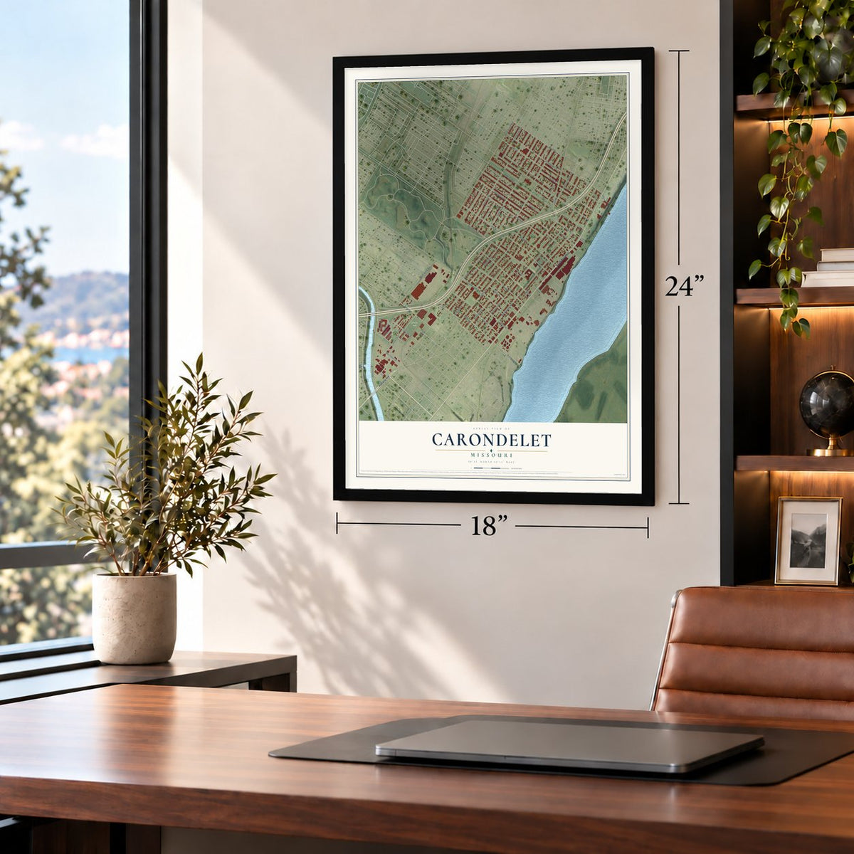 Carondelet, Missouri map, 18 x 24 inch print in a black frame in a home office