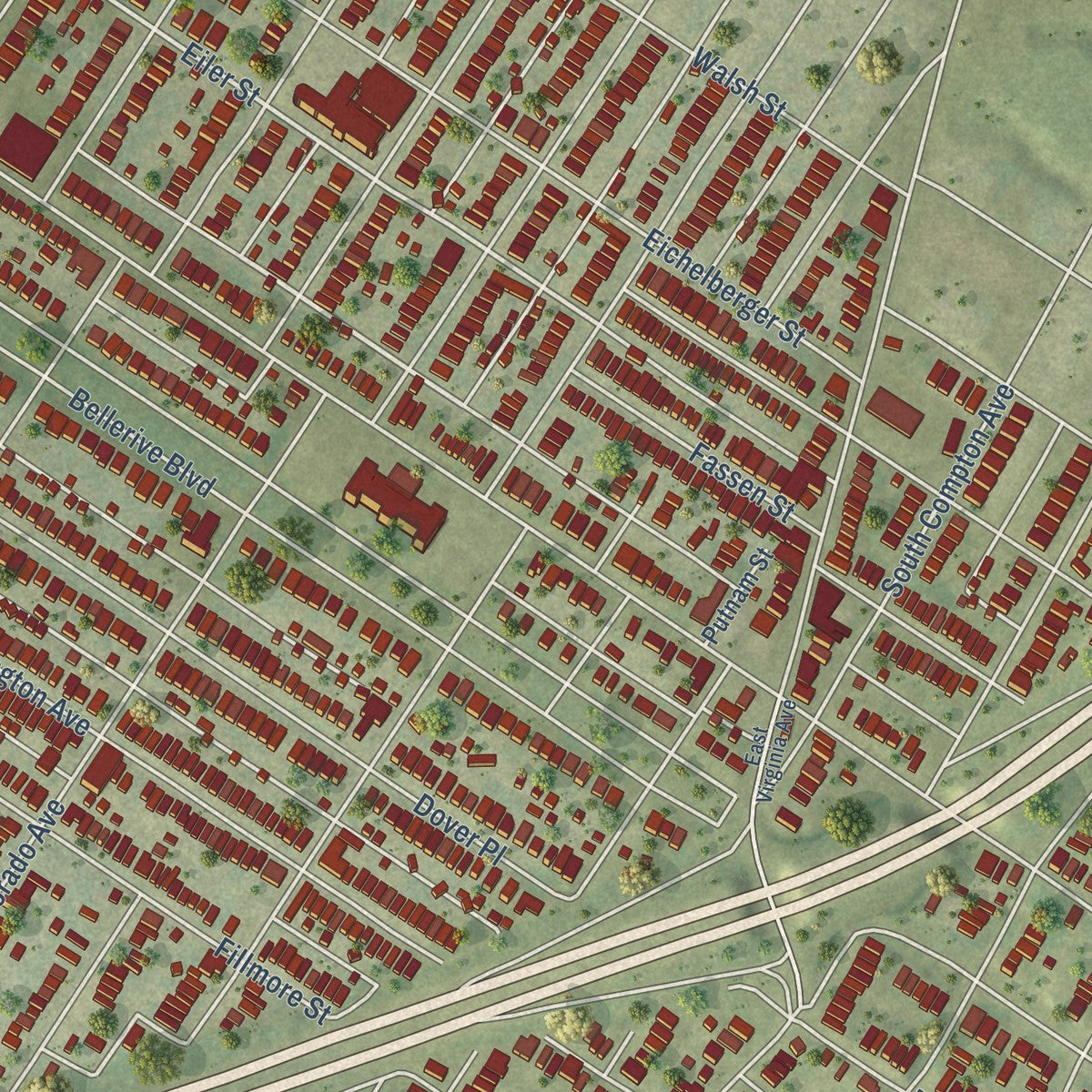Close-up of the map of Carondelet, Missouri print showing street and building detail