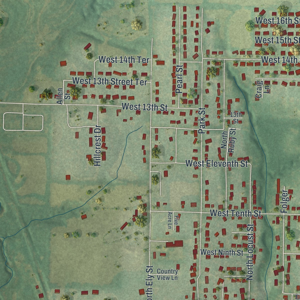 Second close-up of the map of Carrollton, Missouri print showing more streets and buildings