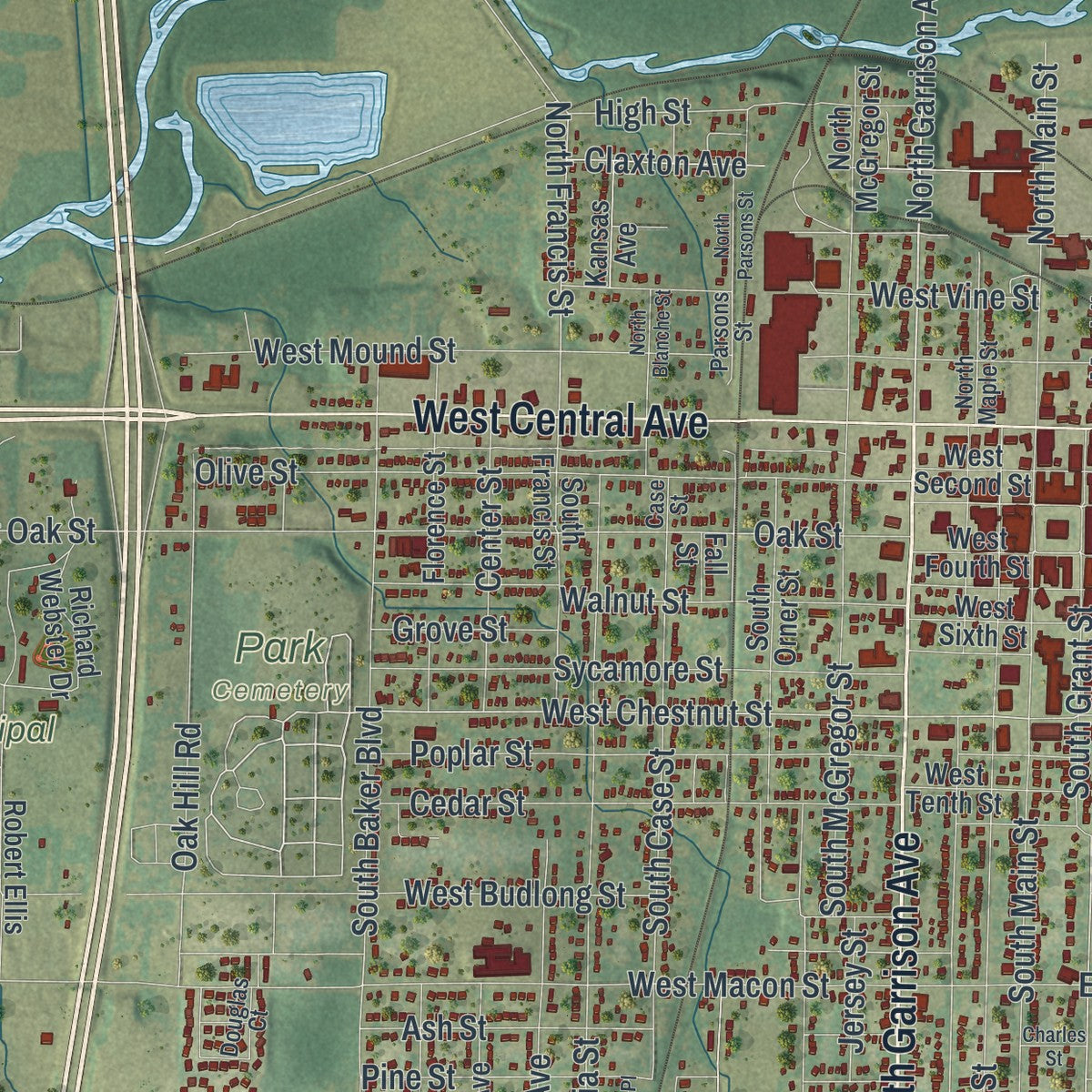 Second close-up of the map of Carthage, Missouri print showing more streets and buildings