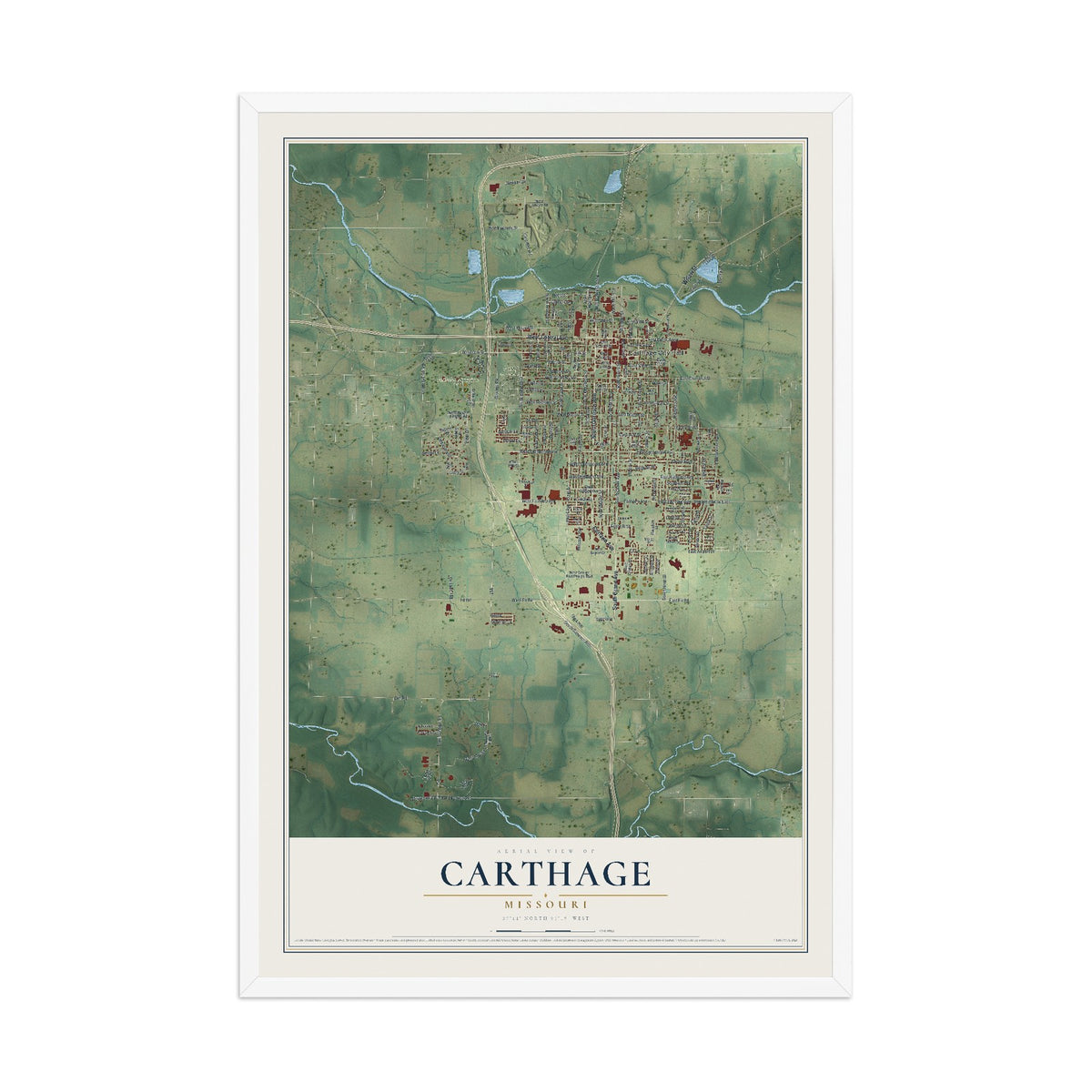 Map of Carthage, Missouri, 12 x 18 inch print in a white wood frame