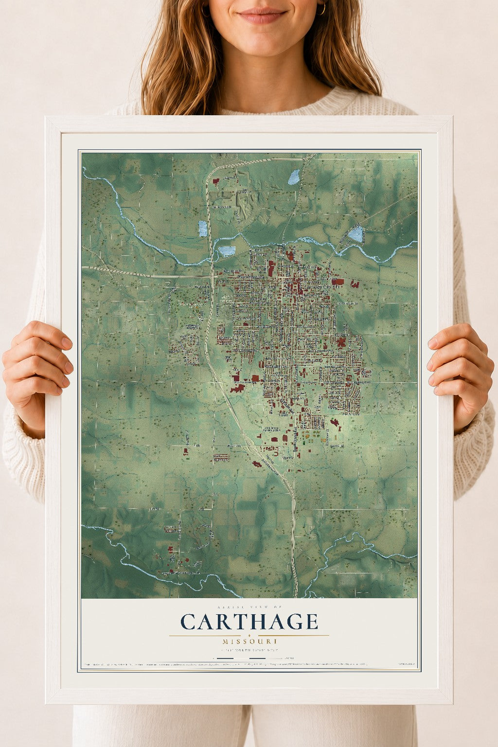 Map of Carthage, Missouri, 18 x 24 inch print in a white wood frame