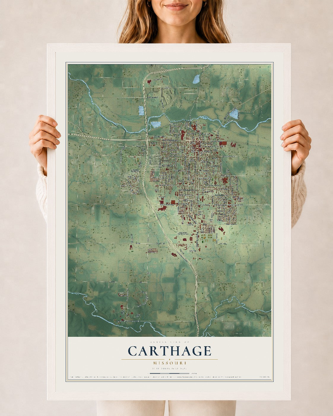 Map of Carthage, Missouri, 24 x 36 inch print in a white wood frame