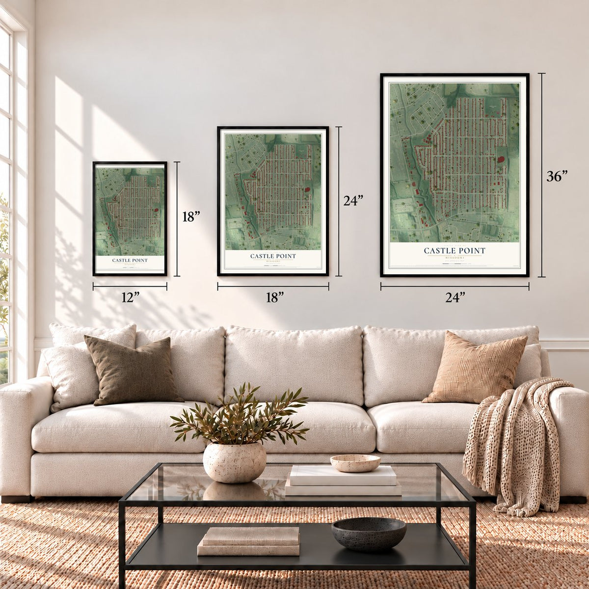 Castle Point, Missouri map in 12 x 18, 18 x 24 and 24 x 36 inch sizes above a sofa