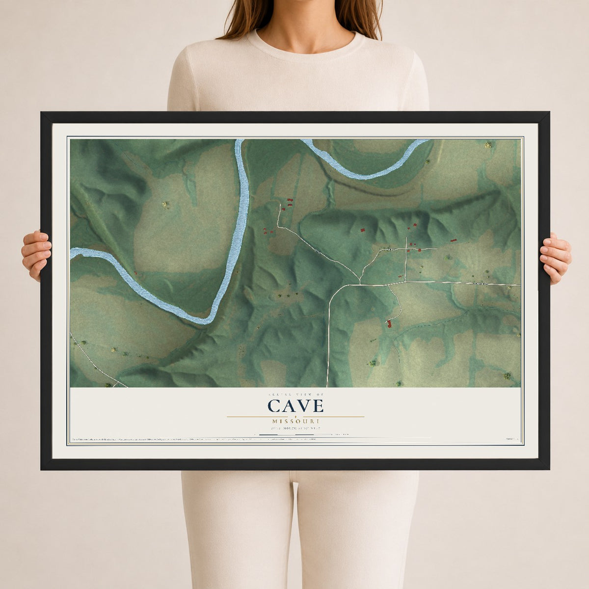 Map of Cave, Missouri, 24 x 36 inch print in a black wood frame