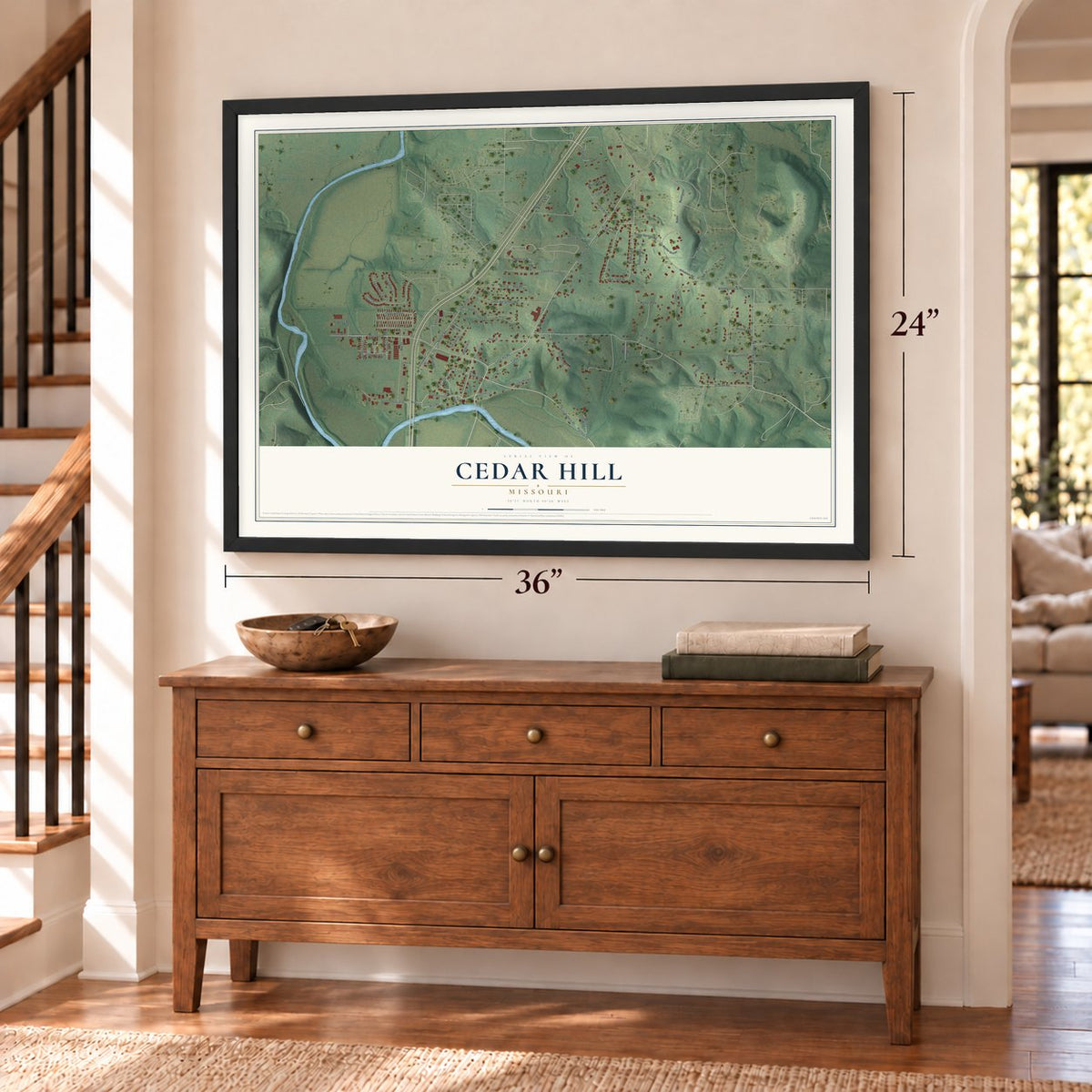 Cedar Hill, Missouri map, 24 x 36 inch print in a black frame above a dresser by a staircase