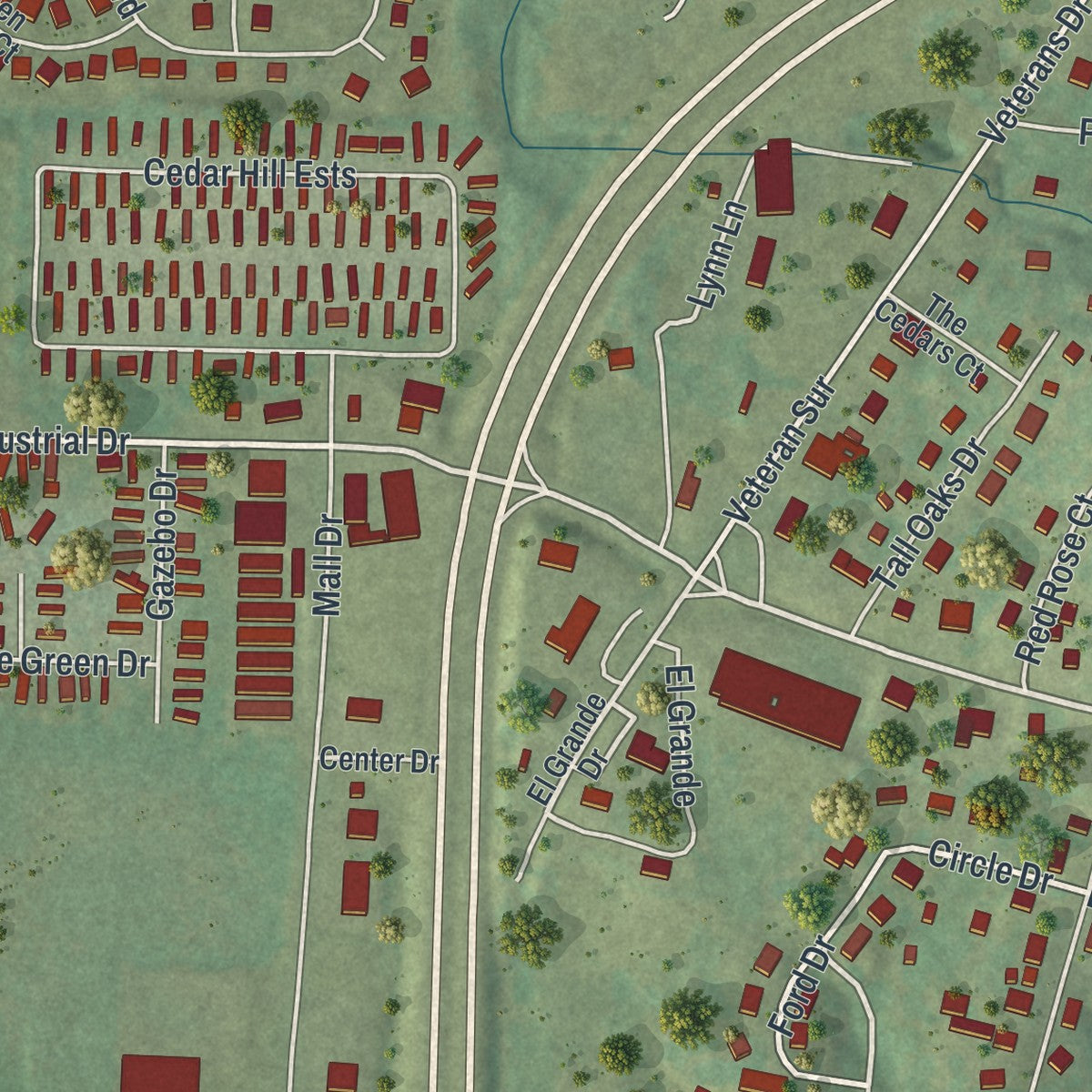 Close-up of the map of Cedar Hill, Missouri print showing street and building detail