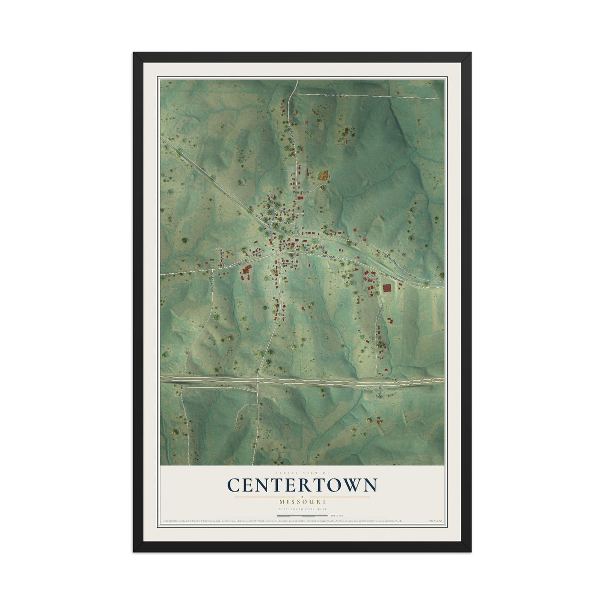 Map of Centertown, Missouri, 12 x 18 inch print in a black wood frame