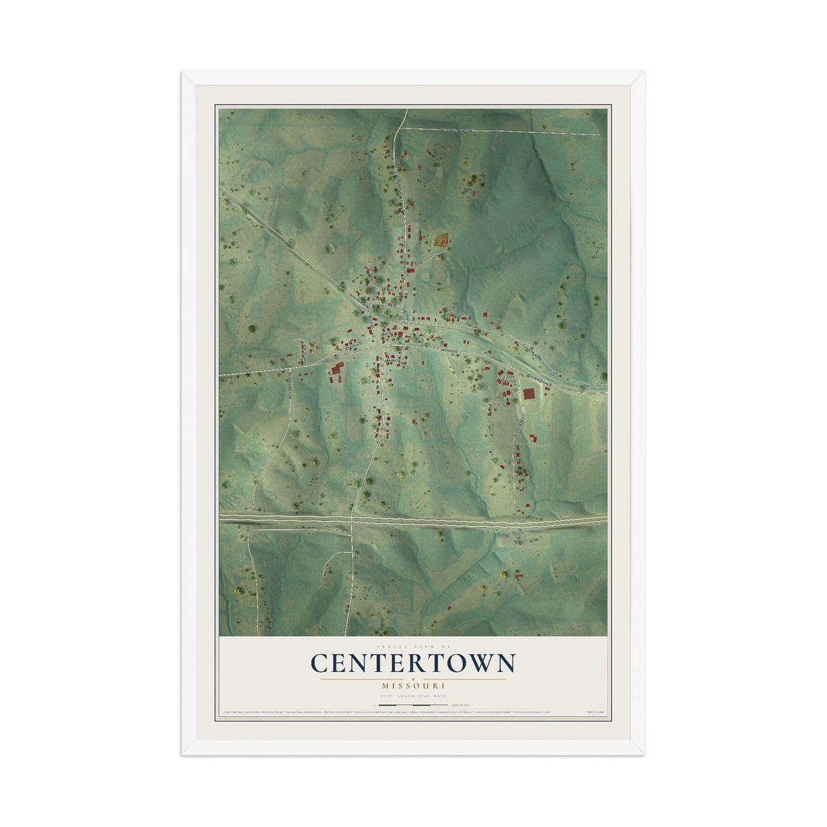 Map of Centertown, Missouri, 12 x 18 inch print in a white wood frame