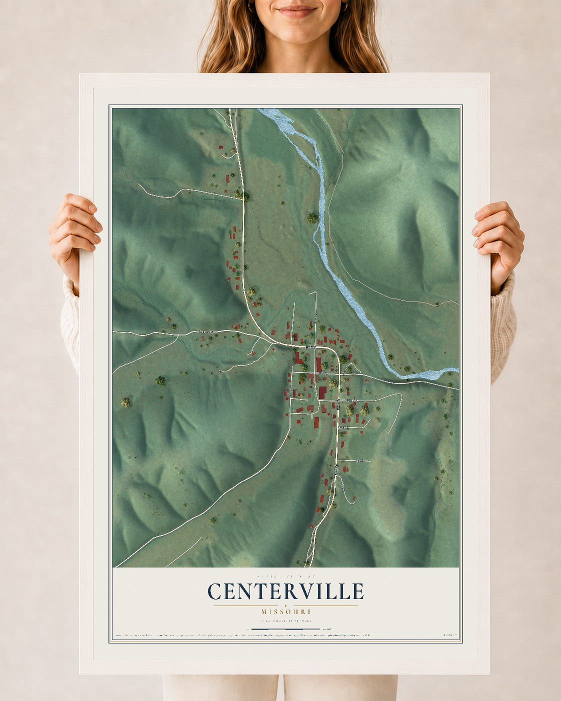 Map of Centerville, Missouri, 24 x 36 inch print in a white wood frame