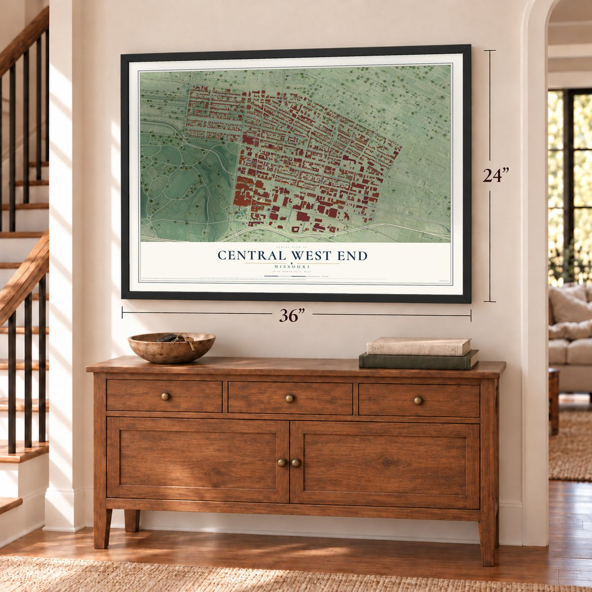 Central West End, Missouri map, 24 x 36 inch print in a black frame above a dresser by a staircase