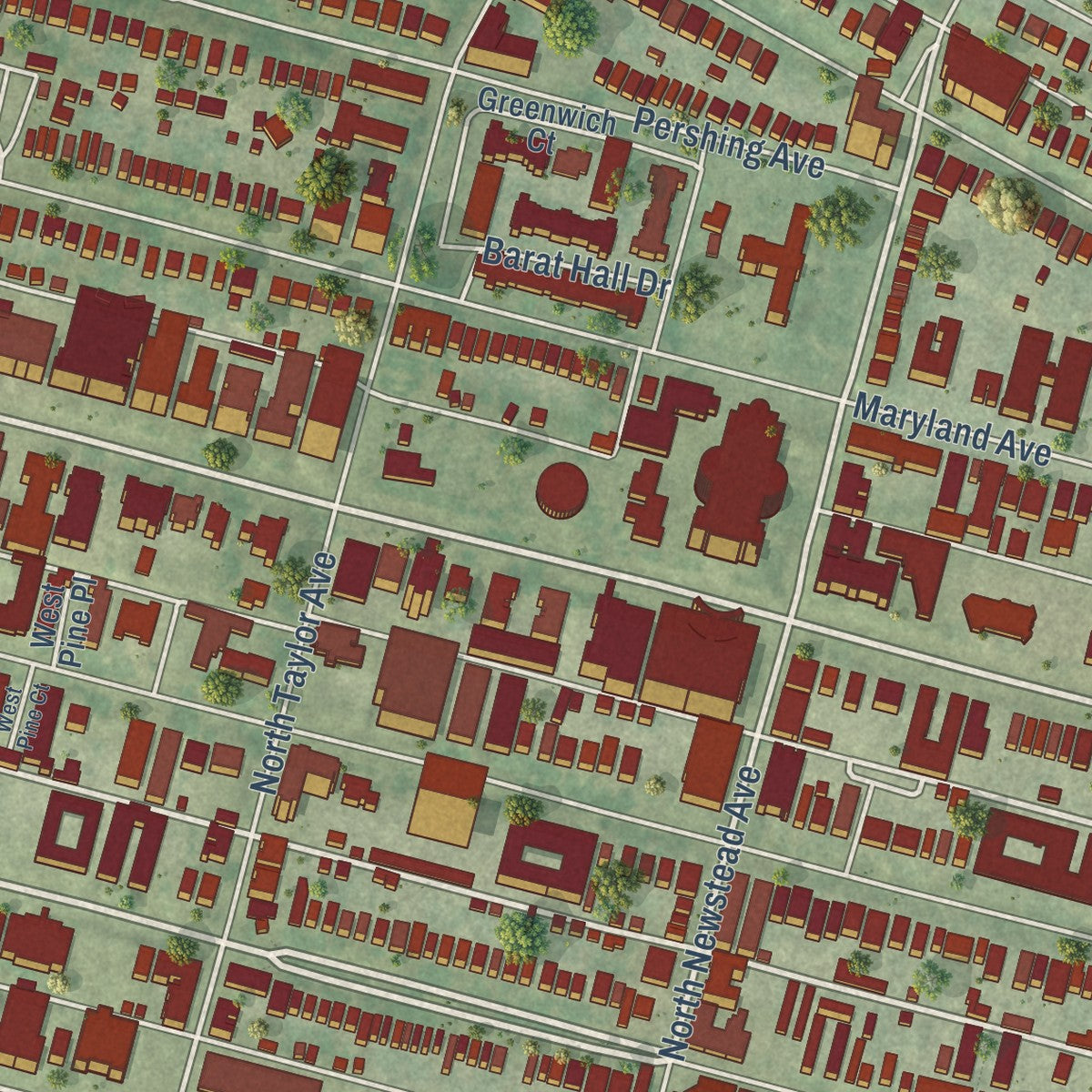 Close-up of the map of Central West End, Missouri print showing street and building detail