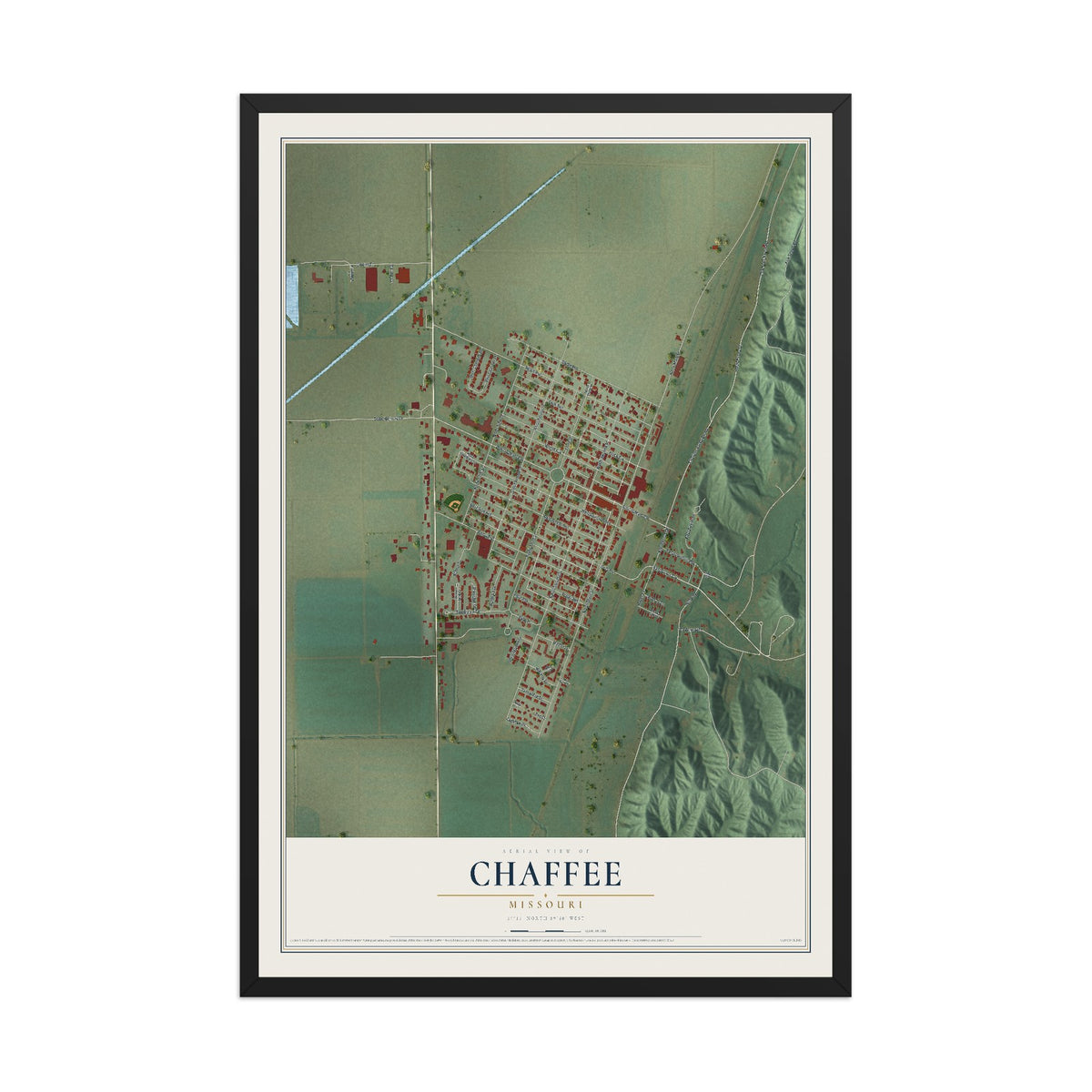 Map of Chaffee, Missouri, 12 x 18 inch print in a black wood frame