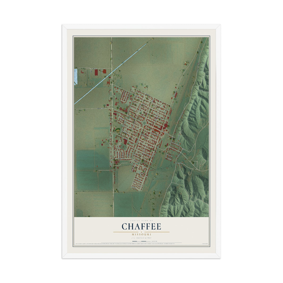 Map of Chaffee, Missouri, 12 x 18 inch print in a white wood frame