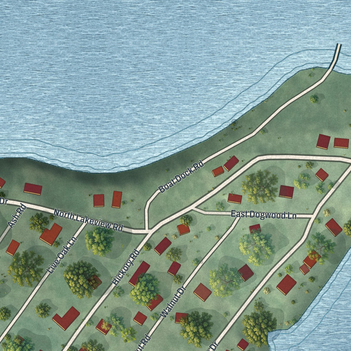 Close-up of the map of Chain-O-Lakes, Missouri print showing street and building detail