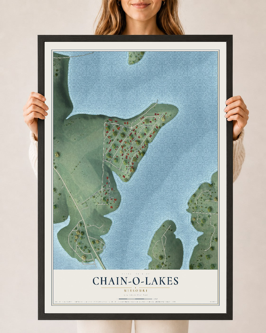 Map of Chain-O-Lakes, Missouri, 24 x 36 inch print in a black wood frame