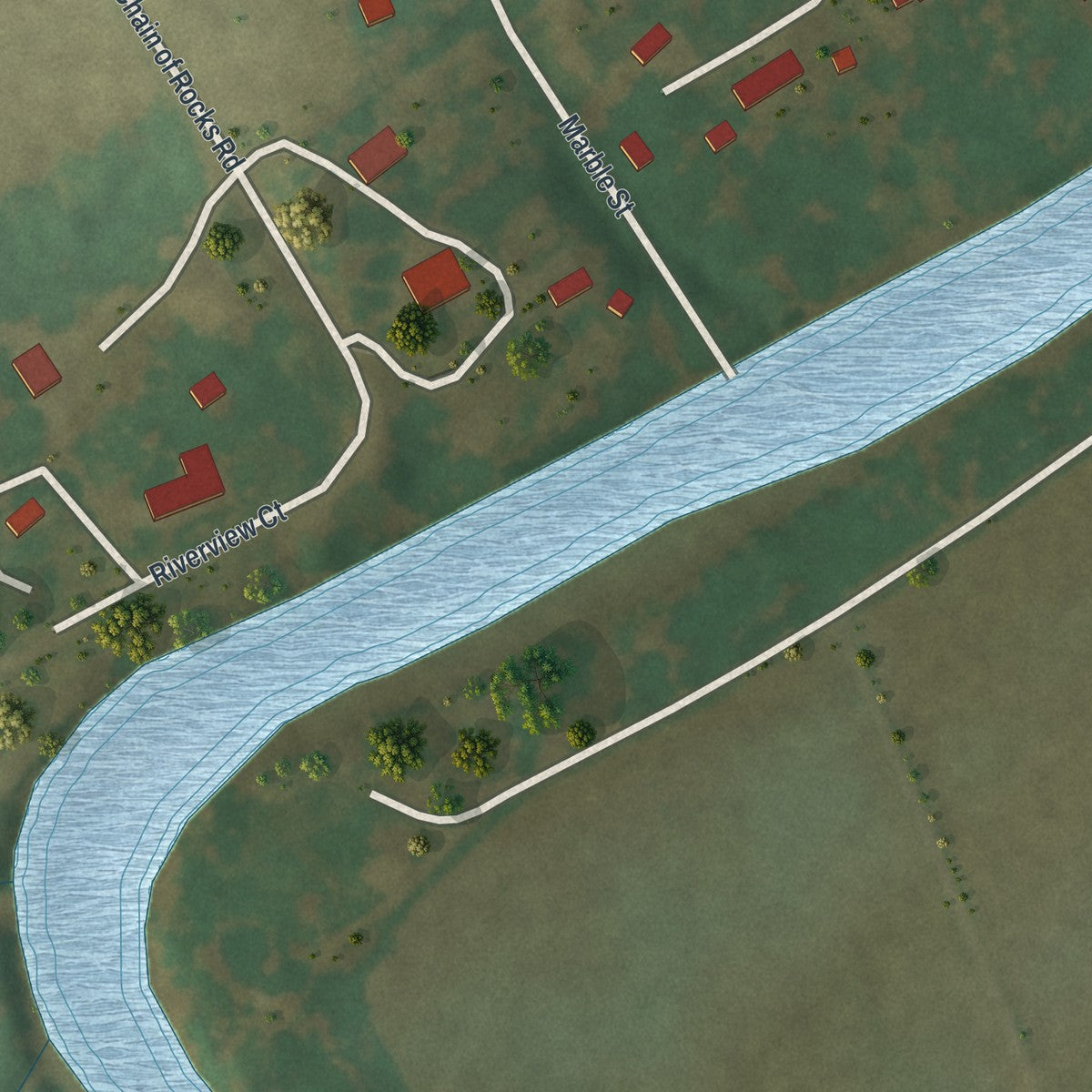 Close-up of the map of Chain of Rocks, Missouri print showing street and building detail