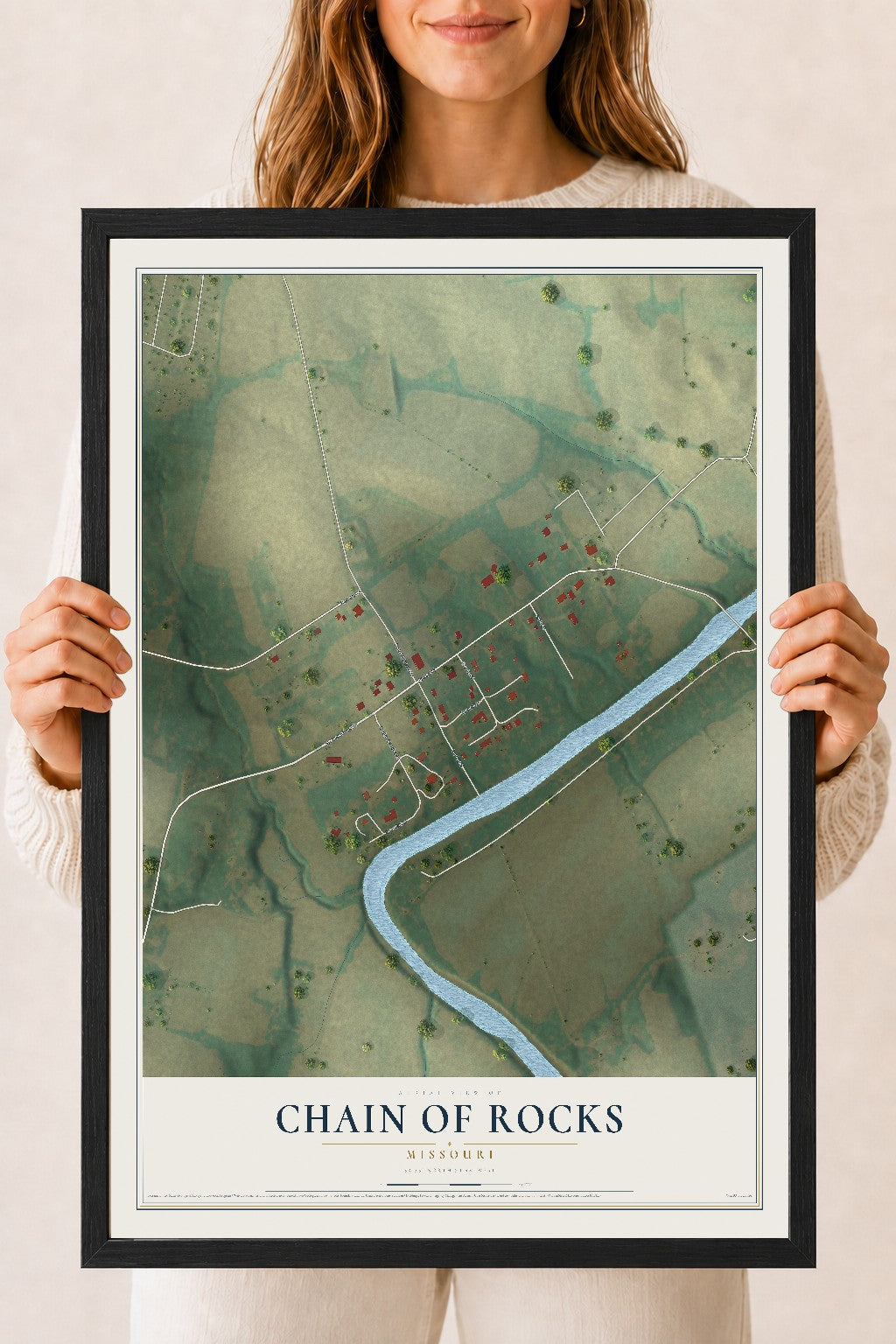 Map of Chain of Rocks, Missouri, 18 x 24 inch print in a black wood frame