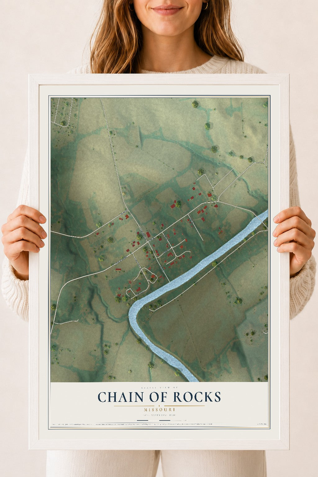 Map of Chain of Rocks, Missouri, 18 x 24 inch print in a white wood frame