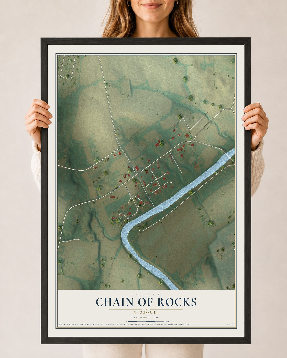 Map of Chain of Rocks, Missouri, 24 x 36 inch print in a black wood frame