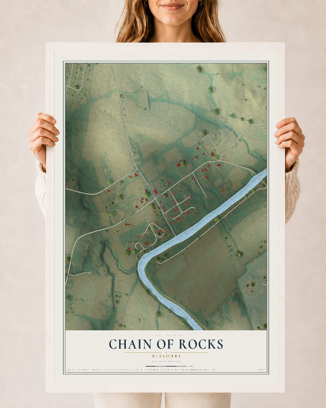 Map of Chain of Rocks, Missouri, 24 x 36 inch print in a white wood frame