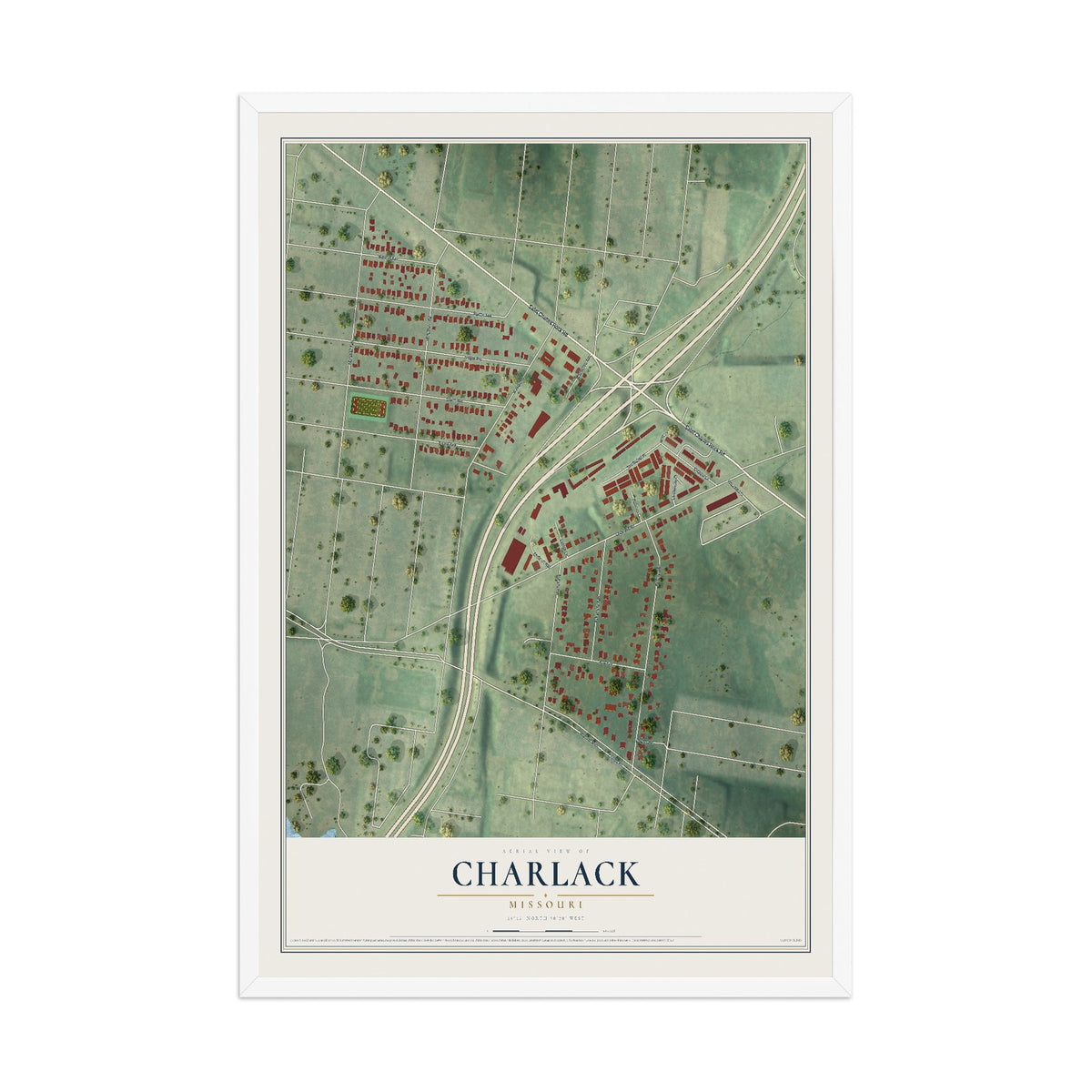 Map of Charlack, Missouri, 12 x 18 inch print in a white wood frame