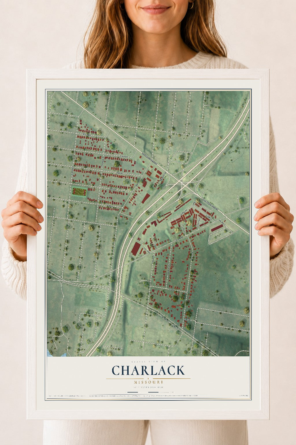 Map of Charlack, Missouri, 18 x 24 inch print in a white wood frame