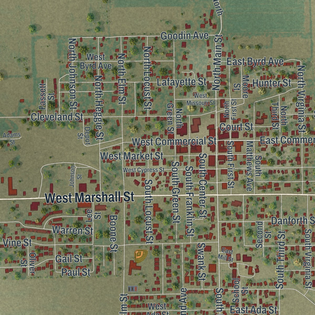 Close-up of the map of Charleston, Missouri print showing street and building detail