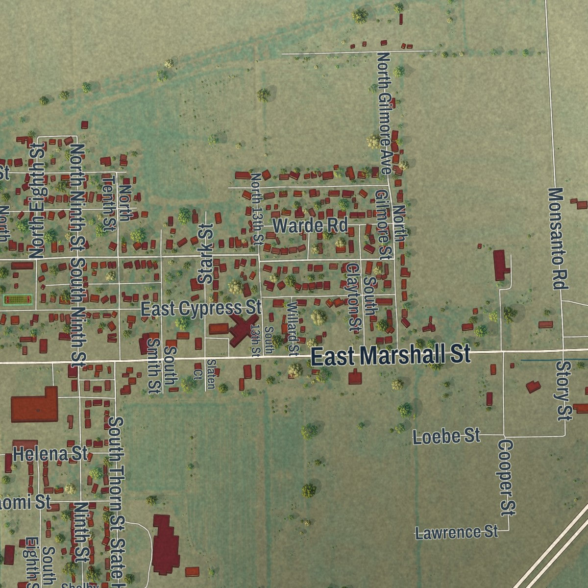 Second close-up of the map of Charleston, Missouri print showing more streets and buildings