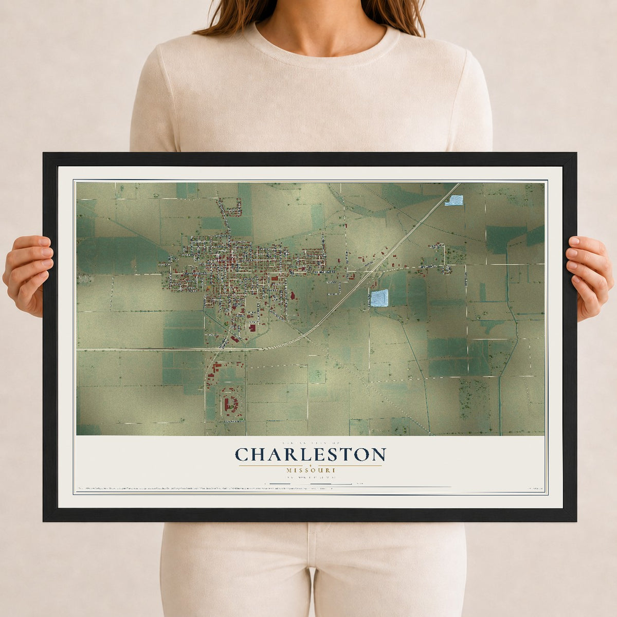 Map of Charleston, Missouri, 12 x 18 inch print in a black wood frame