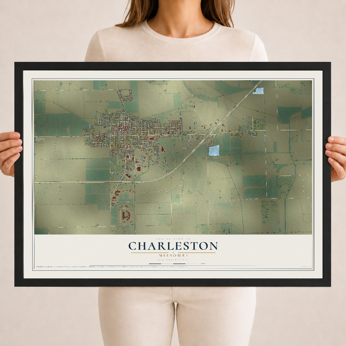 Map of Charleston, Missouri, 18 x 24 inch print in a black wood frame