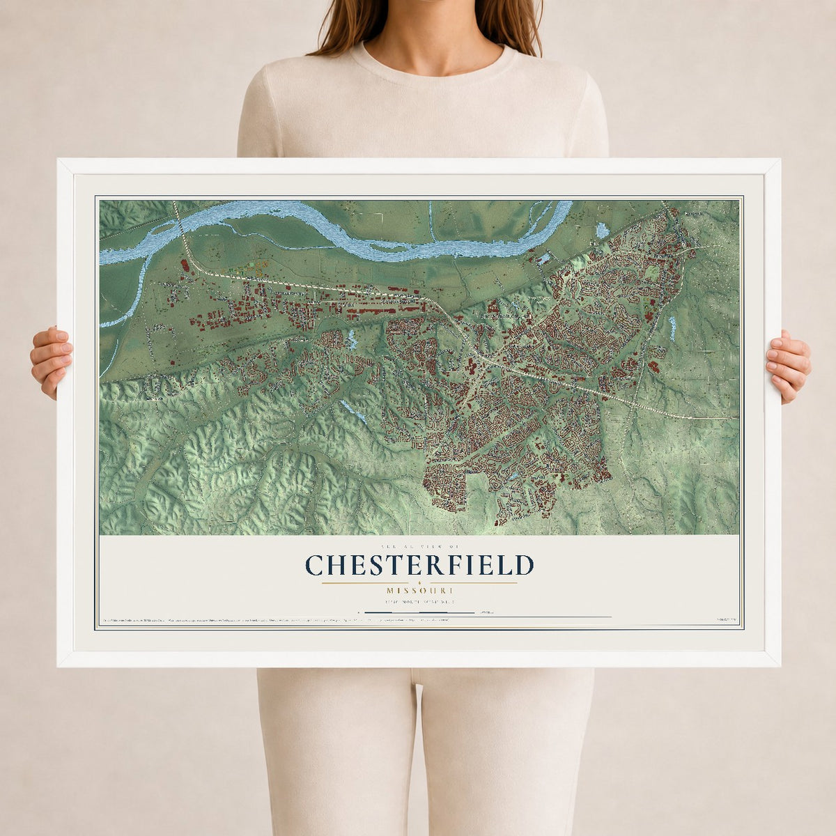 Map of Chesterfield, Missouri, 24 x 36 inch print in a white wood frame