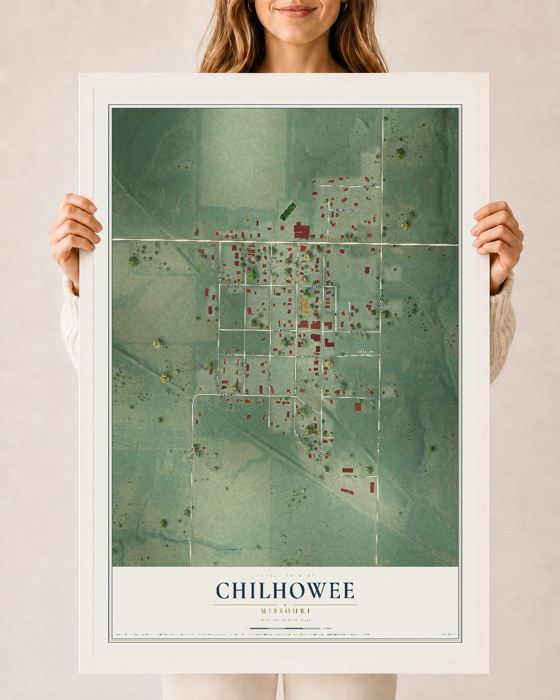 Map of Chilhowee, Missouri, 24 x 36 inch print in a white wood frame