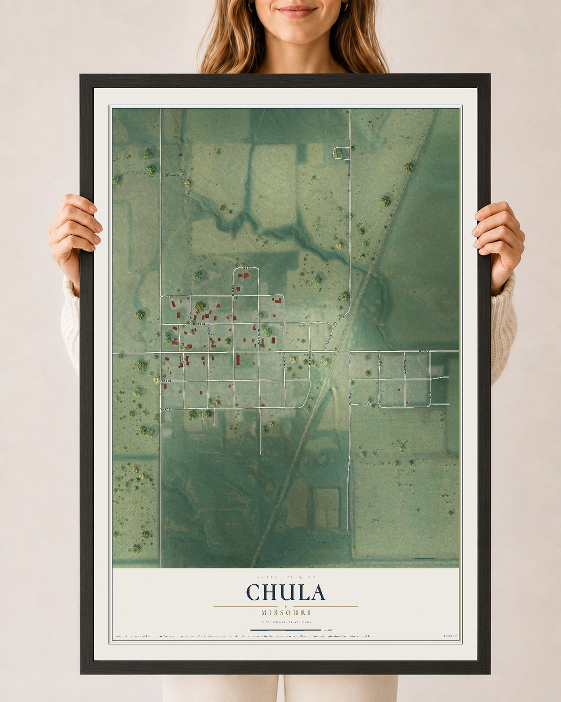 Map of Chula, Missouri, 24 x 36 inch print in a black wood frame