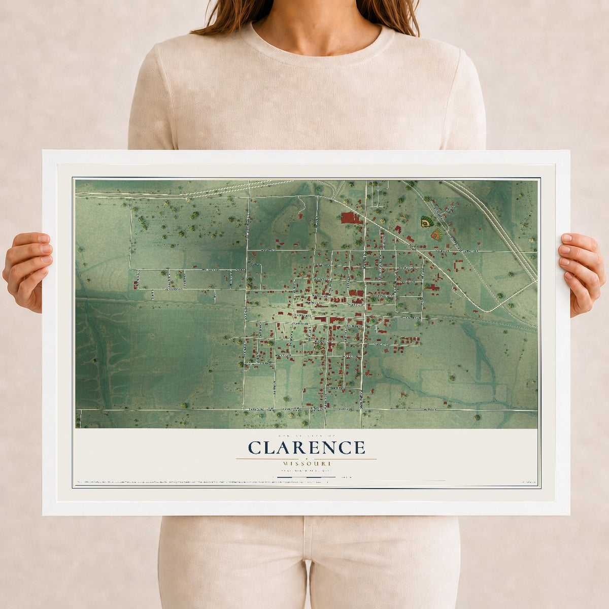 Map of Clarence, Missouri, 12 x 18 inch print in a white wood frame