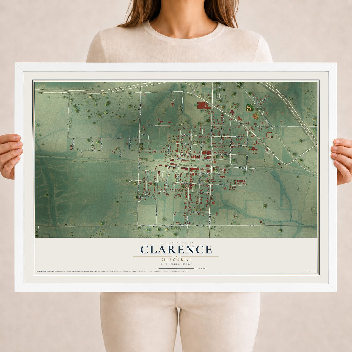 Map of Clarence, Missouri, 18 x 24 inch print in a white wood frame