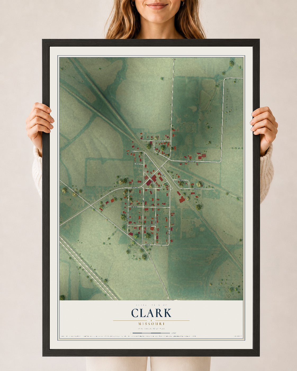 Map of Clark, Missouri, 24 x 36 inch print in a black wood frame