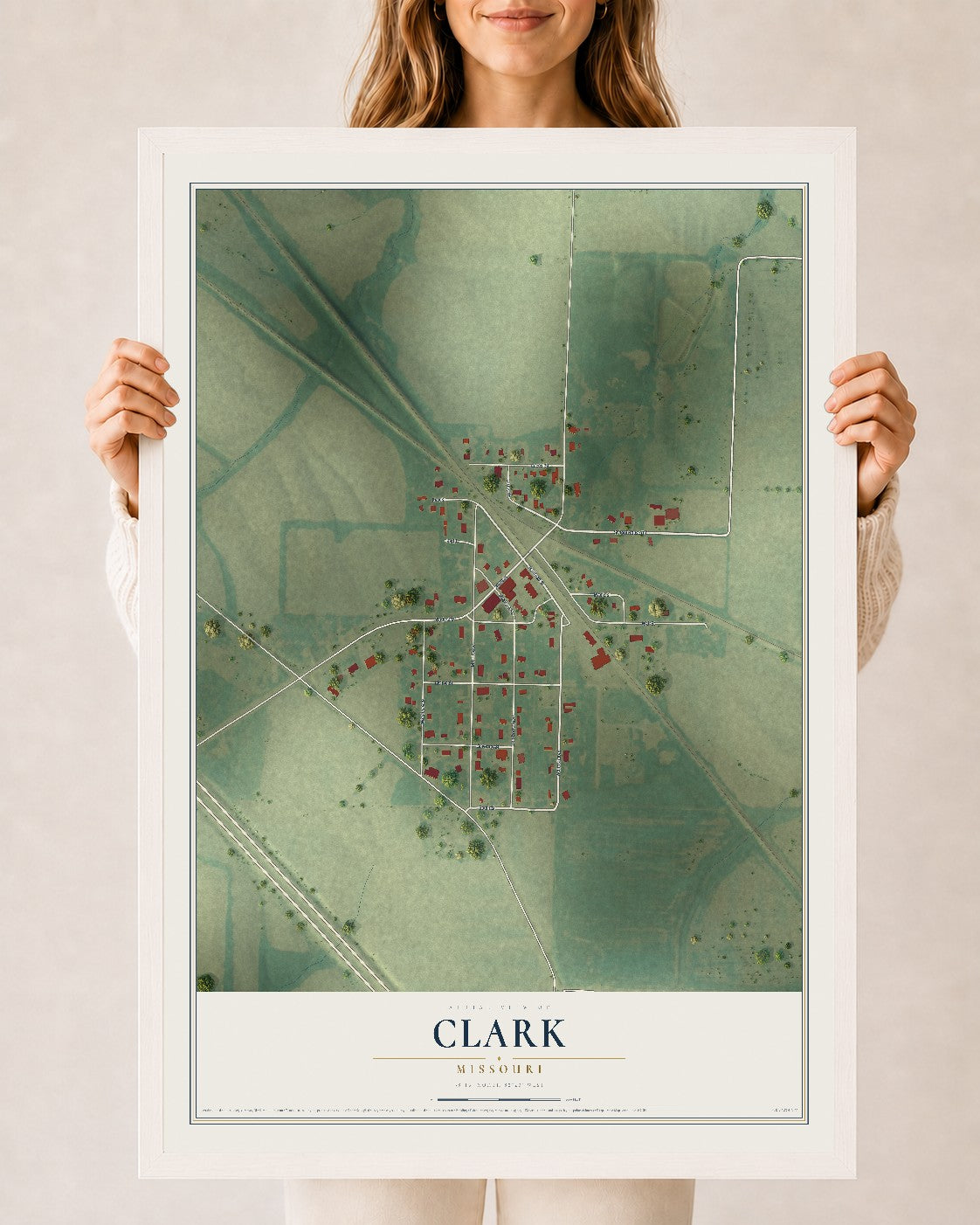 Map of Clark, Missouri, 24 x 36 inch print in a white wood frame