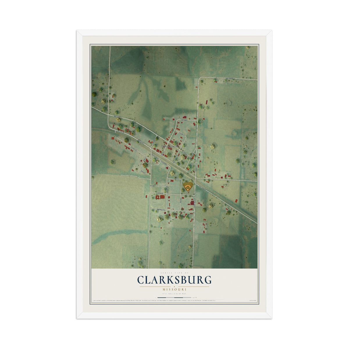 Map of Clarksburg, Missouri, 12 x 18 inch print in a white wood frame