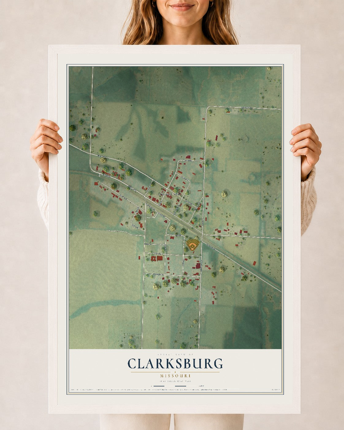 Map of Clarksburg, Missouri, 24 x 36 inch print in a white wood frame