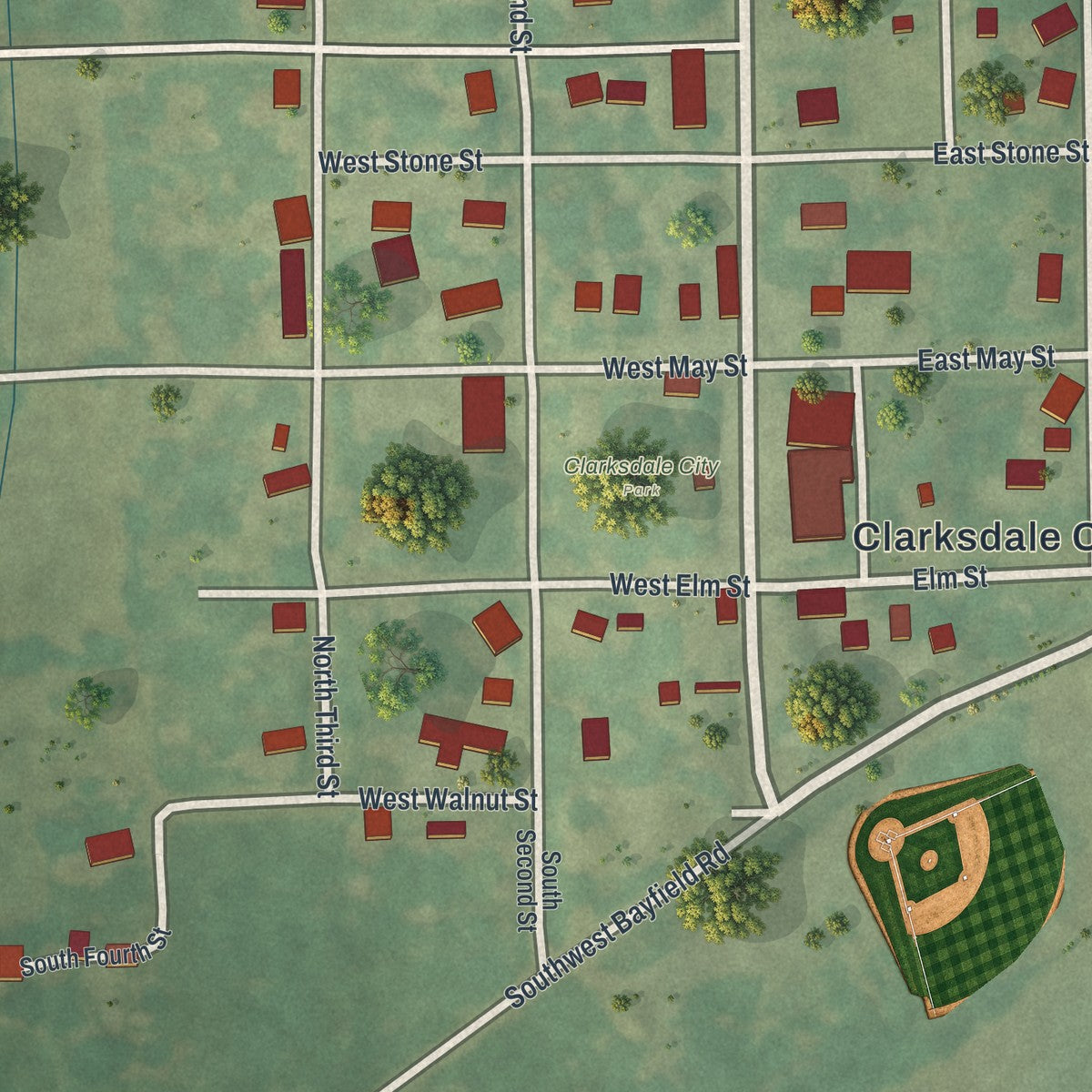Close-up of the map of Clarksdale, Missouri print showing street and building detail