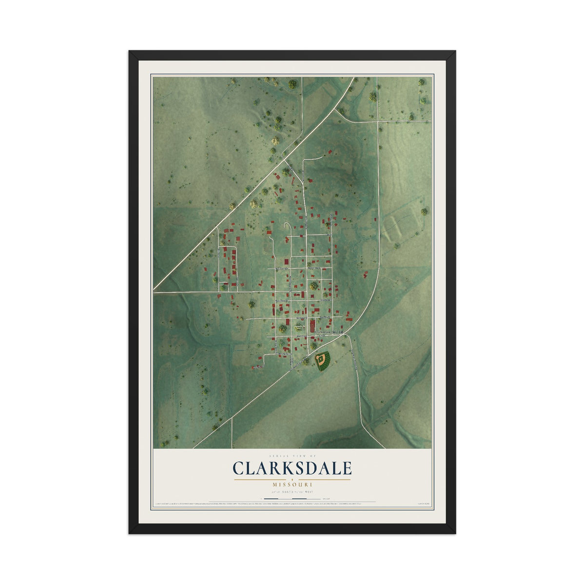 Map of Clarksdale, Missouri, 12 x 18 inch print in a black wood frame