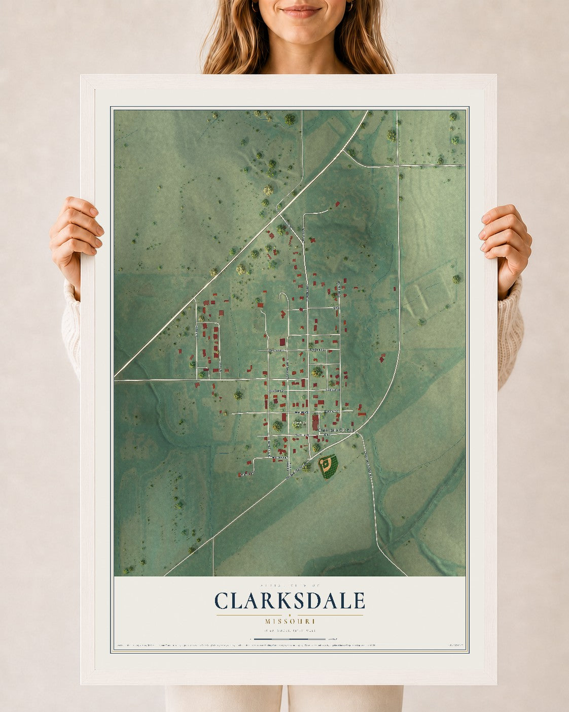 Map of Clarksdale, Missouri, 24 x 36 inch print in a white wood frame
