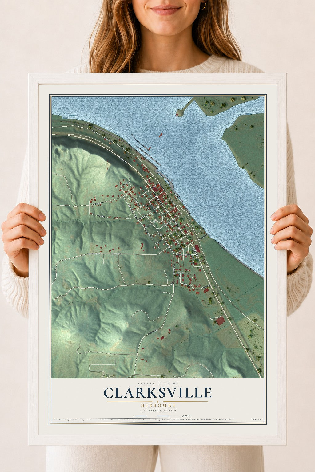 Map of Clarksville, Missouri, 18 x 24 inch print in a white wood frame