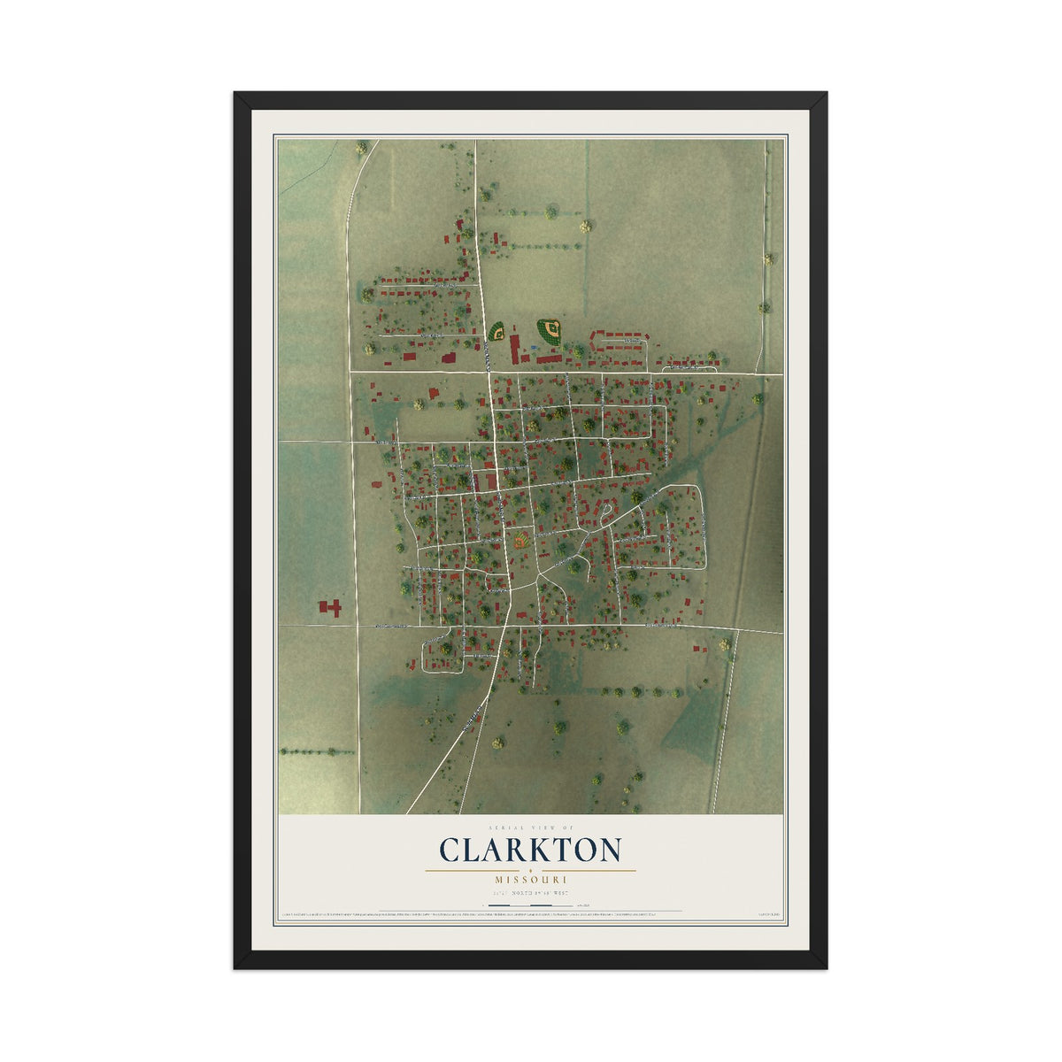 Map of Clarkton, Missouri, 12 x 18 inch print in a black wood frame