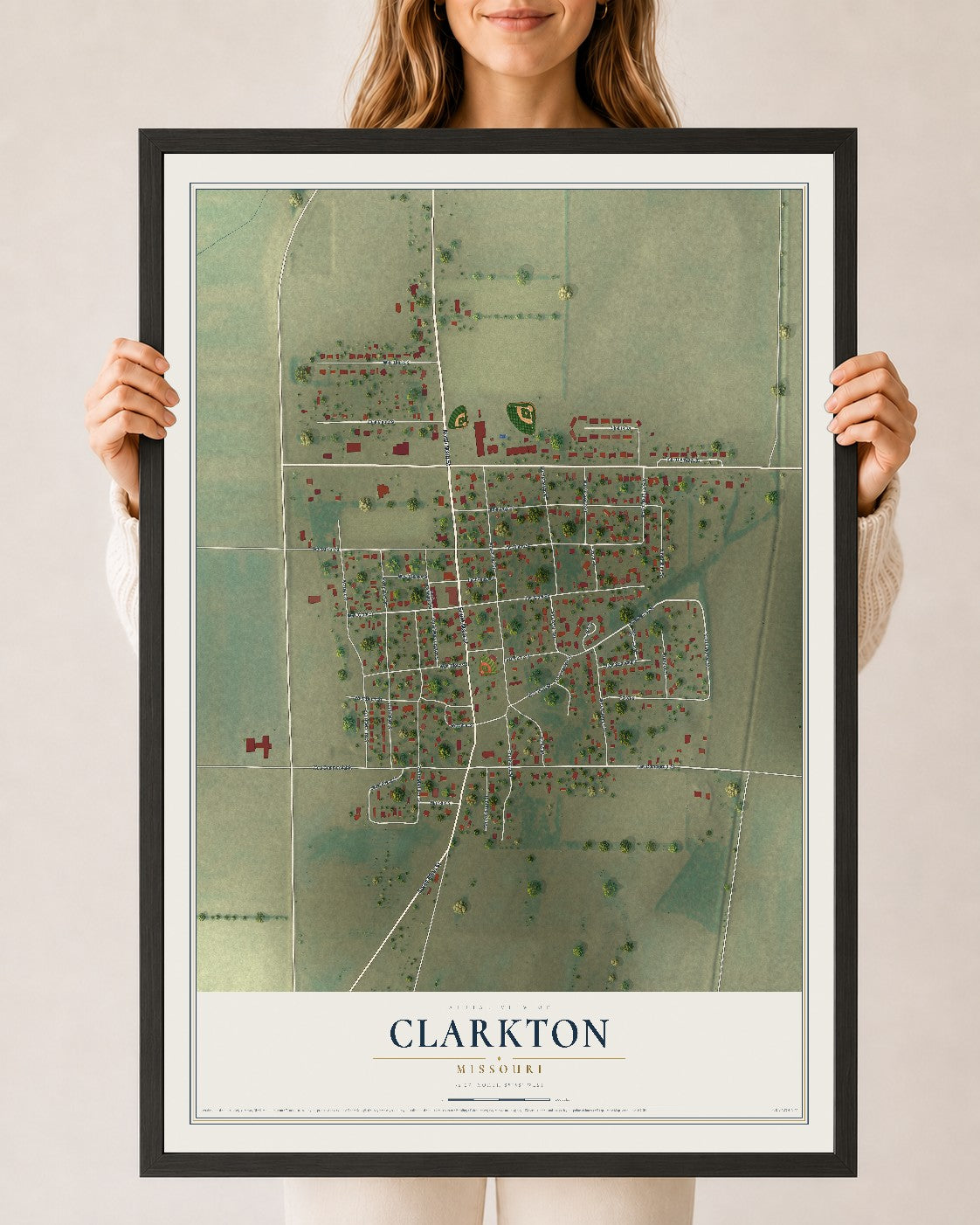 Map of Clarkton, Missouri, 24 x 36 inch print in a black wood frame