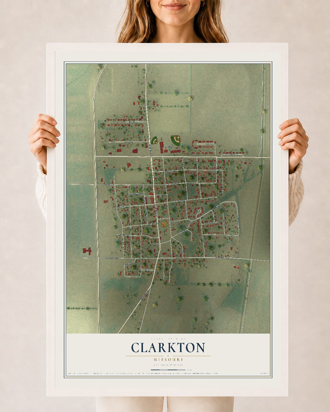 Map of Clarkton, Missouri, 24 x 36 inch print in a white wood frame