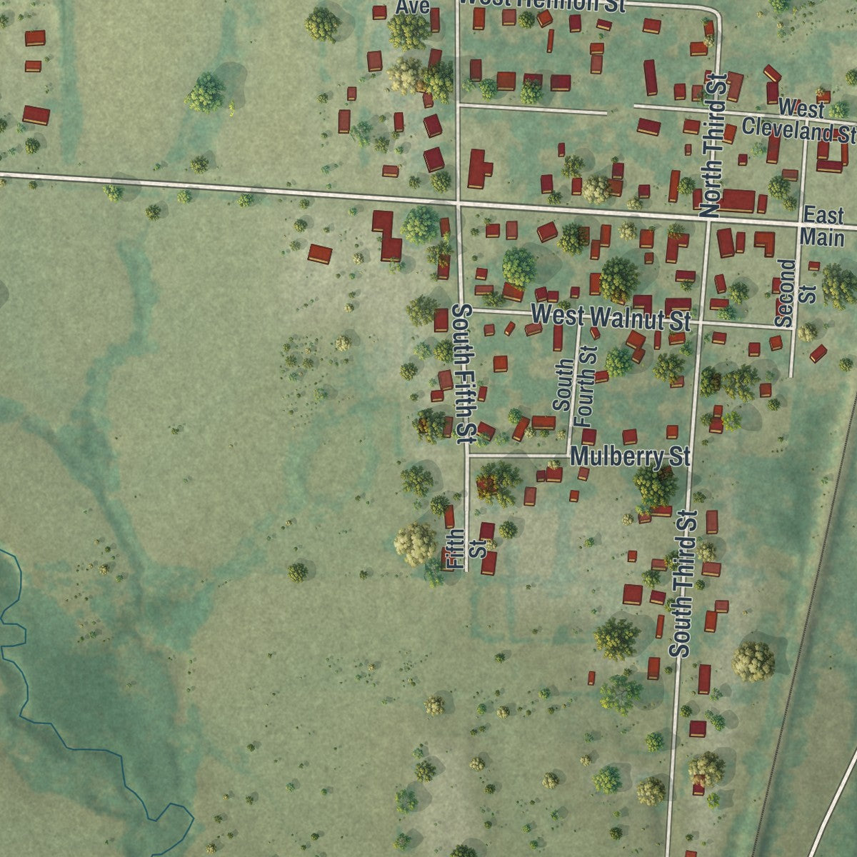 Close-up of the map of Cleveland, Missouri print showing street and building detail