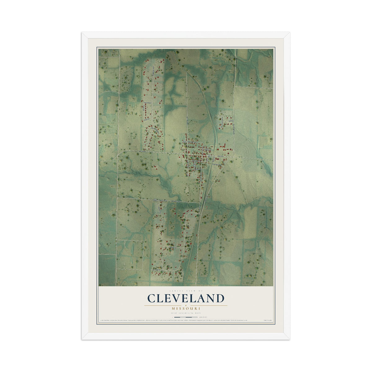 Map of Cleveland, Missouri, 12 x 18 inch print in a white wood frame