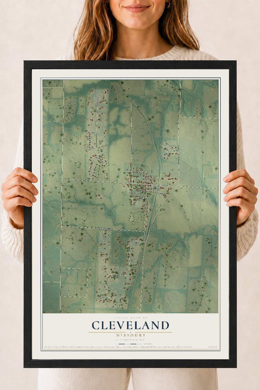 Map of Cleveland, Missouri, 18 x 24 inch print in a black wood frame